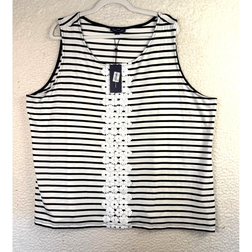 Tommy Hilfiger Tank Top Womens 2X White Black Stripe Floral Lace Trim Sleeveless
